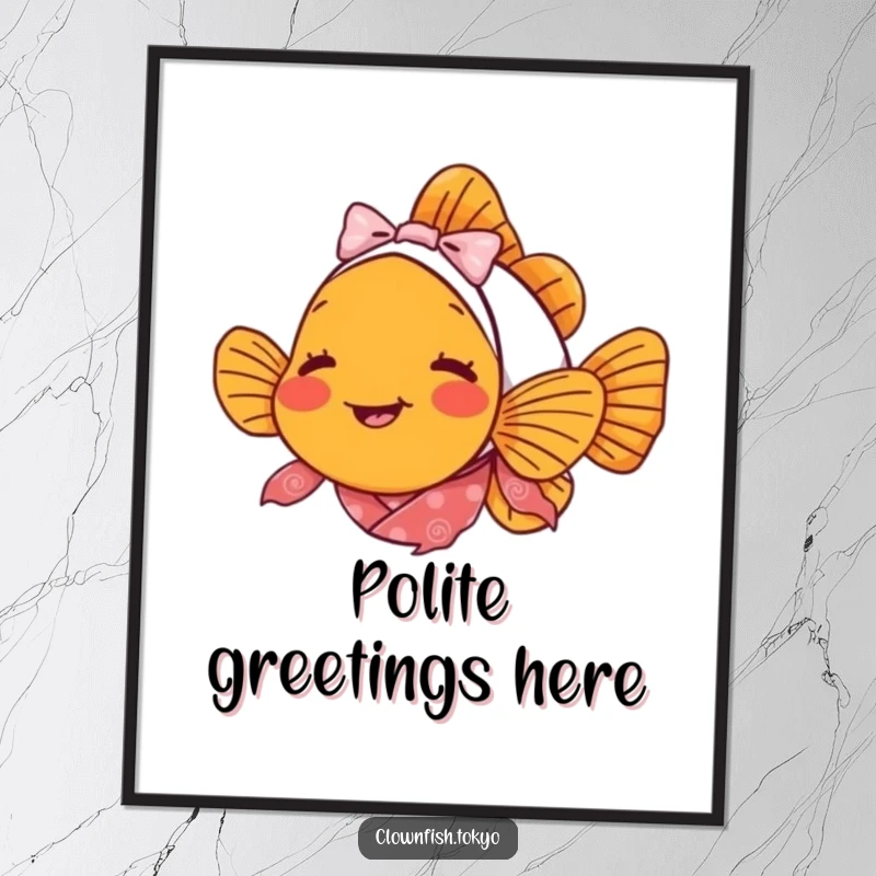 Funny clownfish poster, a delighted fish in a patterned kimono bowing gracefully with a tiny smile.