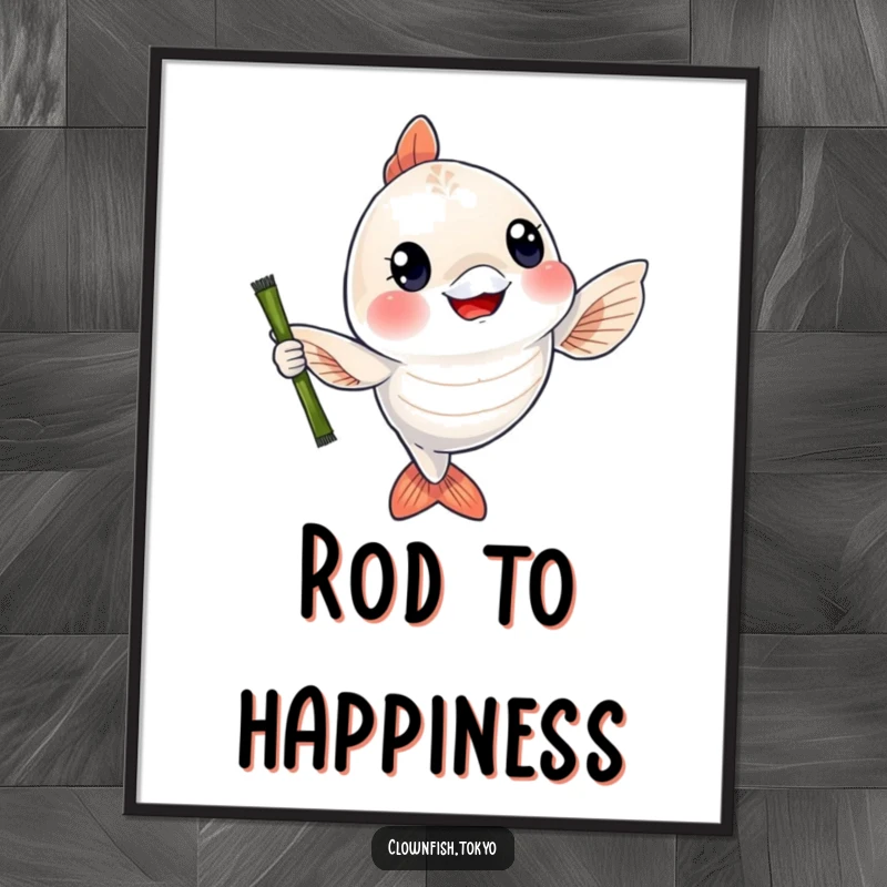 Funny Poster: A cheerful, shimmering fish character waving a bamboo fishing rod, perfect for adding vibrant fishing-themed decor.