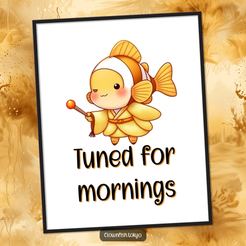 Funny Clownfish Poster adorned with a golden kimono character holding a drumstick, musical and humorous wall art, perfect funny gift.
