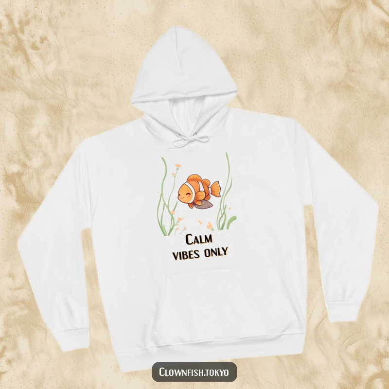 Funny clownfish hoodie, serene fish in muted kimono drifting peacefully through water weeds.