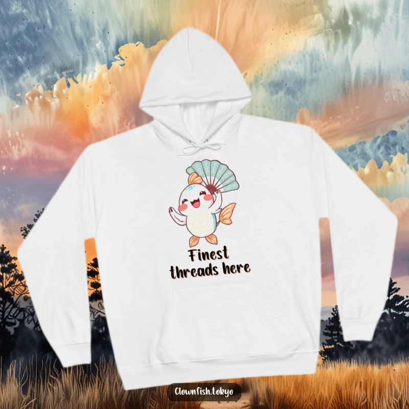Funny Hoodie: A joyful, patterned fish character gracefully twirling a decorative fan, perfect for cozying up with a smile.