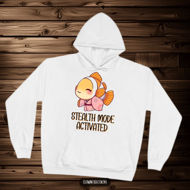 Funny Clownfish Hoodie with a floral kimono character peeking out, cozy and humorous apparel, ideal funny gift.