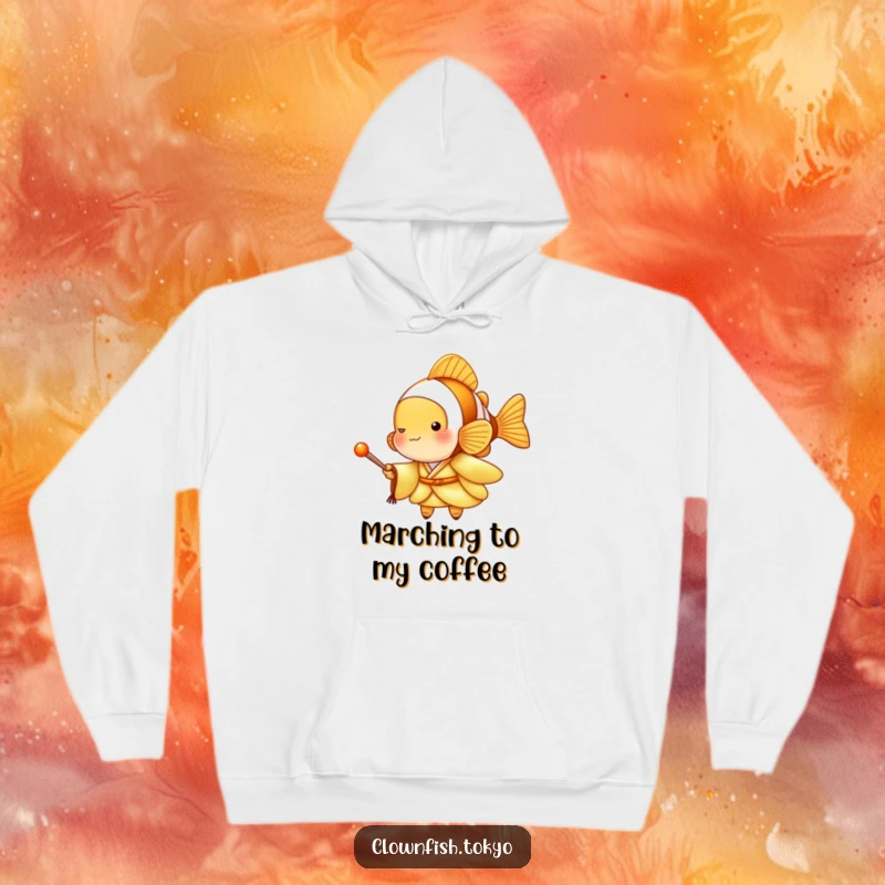 Funny Clownfish Hoodie showcasing a character in a golden kimono with a drumstick, comfortable and musical, ideal funny gift.