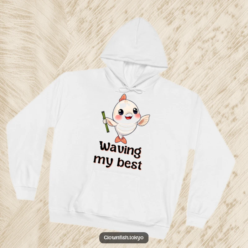 Funny Hoodie: A cheerful, shimmering fish character waving a bamboo fishing rod, ideal for cozying up during fishing adventures.