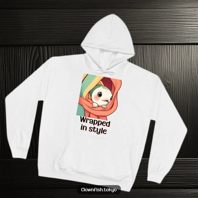 Funny Hoodie: A curious, bright fish character peeking from a silk obi, providing warm comfort with a touch of mystery.