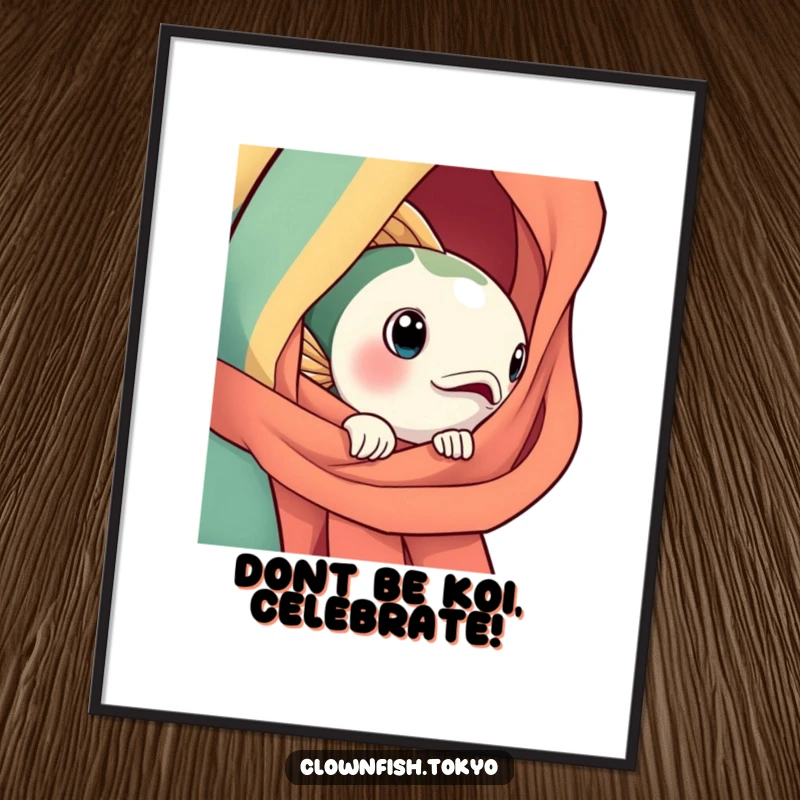 Funny Free Printable Wall Art: A curious, bright fish character playfully peeking out from a traditional silk obi.