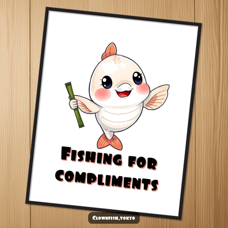 Funny Free Printable Wall Art: A cheerful, shimmering fish character happily waving a bamboo rod with a big smile.