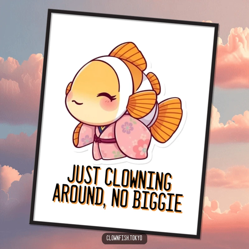 Funny Free Printable Wall Art: Playful clownfish peeking from behind a floral kimono, adding whimsical charm.