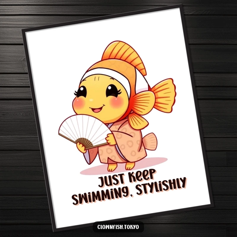 Funny Free Printable wall art of a smiling clownfish in a patterned kimono, holding a delicate paper fan, exuding charm.