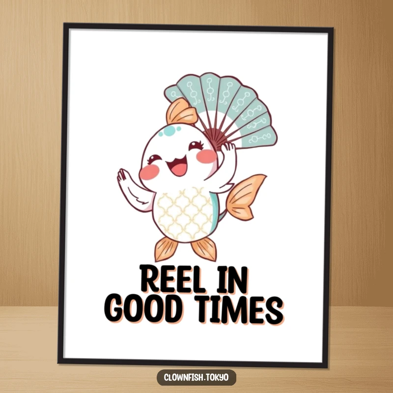 Funny Free Printable Wall Art: A joyful, patterned fish character gracefully twirling a decorative fan with a big smile.