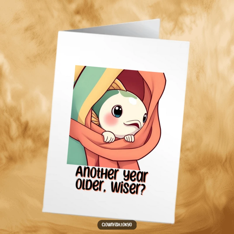 Funny Free Printable Birthday Card: Curious bright fish peeking from a silk obi with wide, surprised eyes.