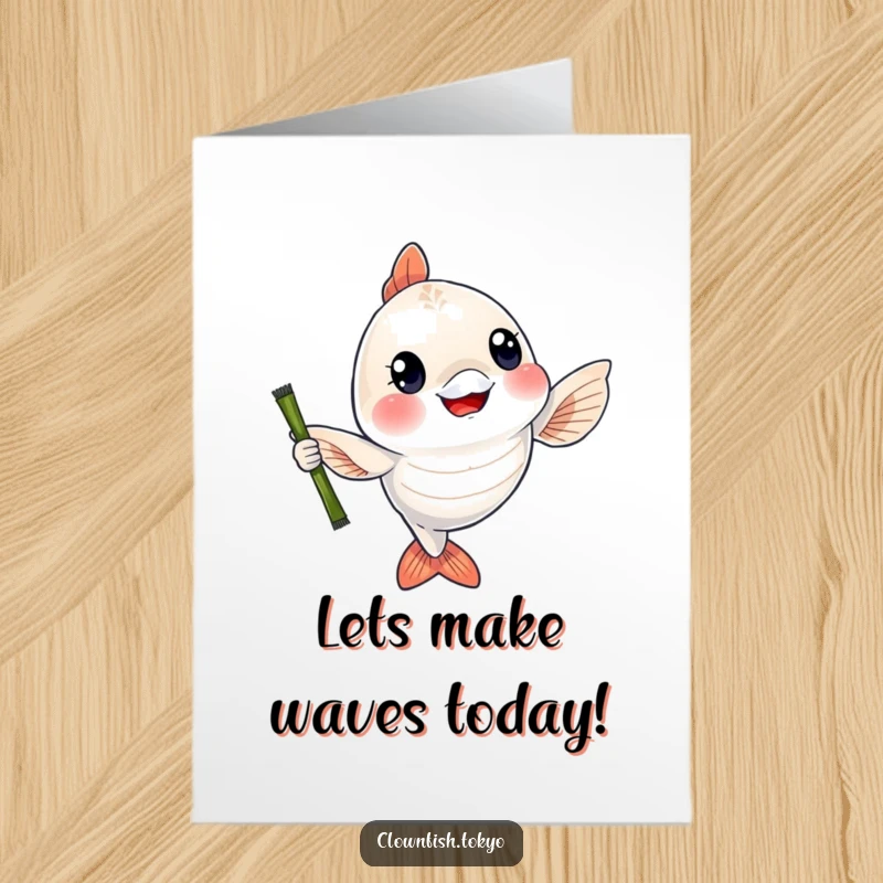 Funny Free Printable Birthday Card: Cheerful shimmering fish waving a bamboo rod with a big, happy smile.