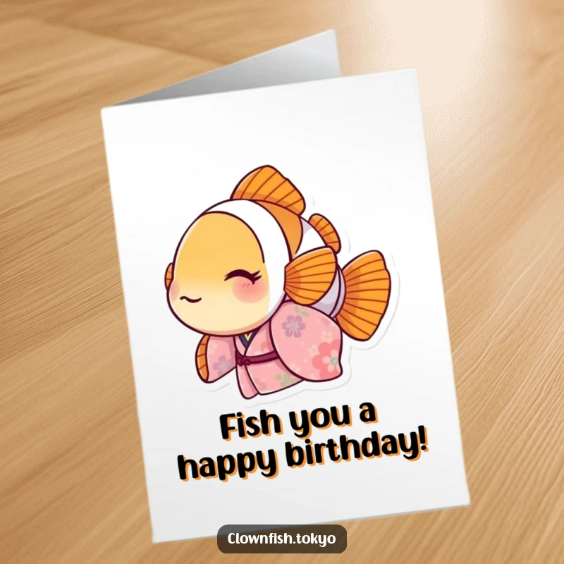 Funny Free Printable Birthday Card: Clownfish in floral kimono peeking playfully, bringing birthday cheer and laughter.