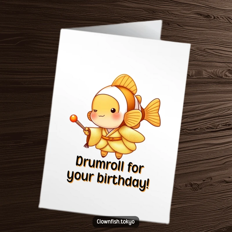 Funny Free Printable Birthday Card: Clownfish in a shimmering golden kimono holding a tiny drumstick, ready to celebrate.