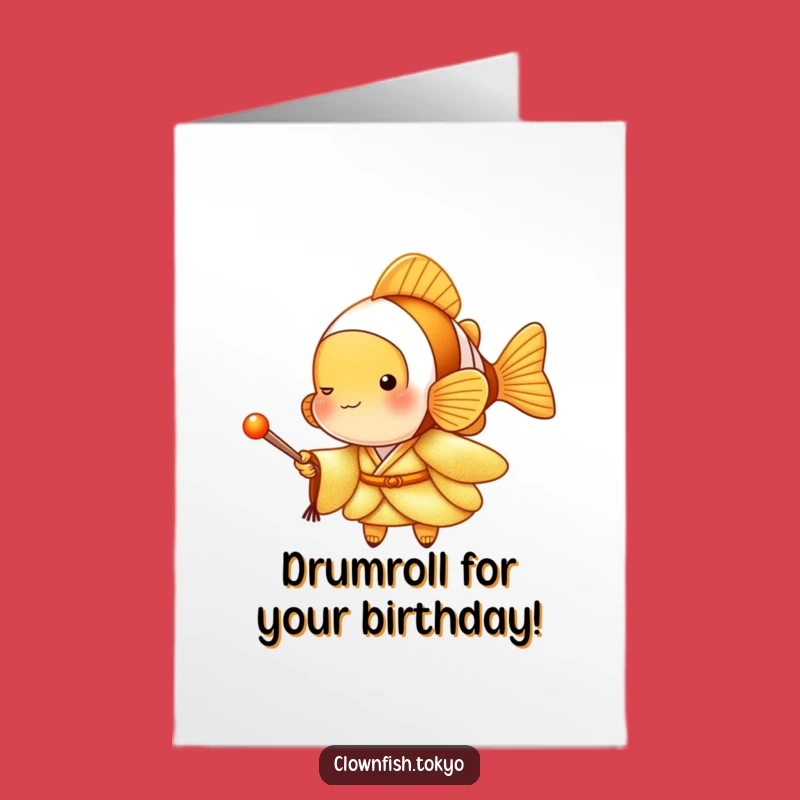 Free Printable Clownfish Drummer Birthday Card: Funny Golden Kimono Downloadable Gift