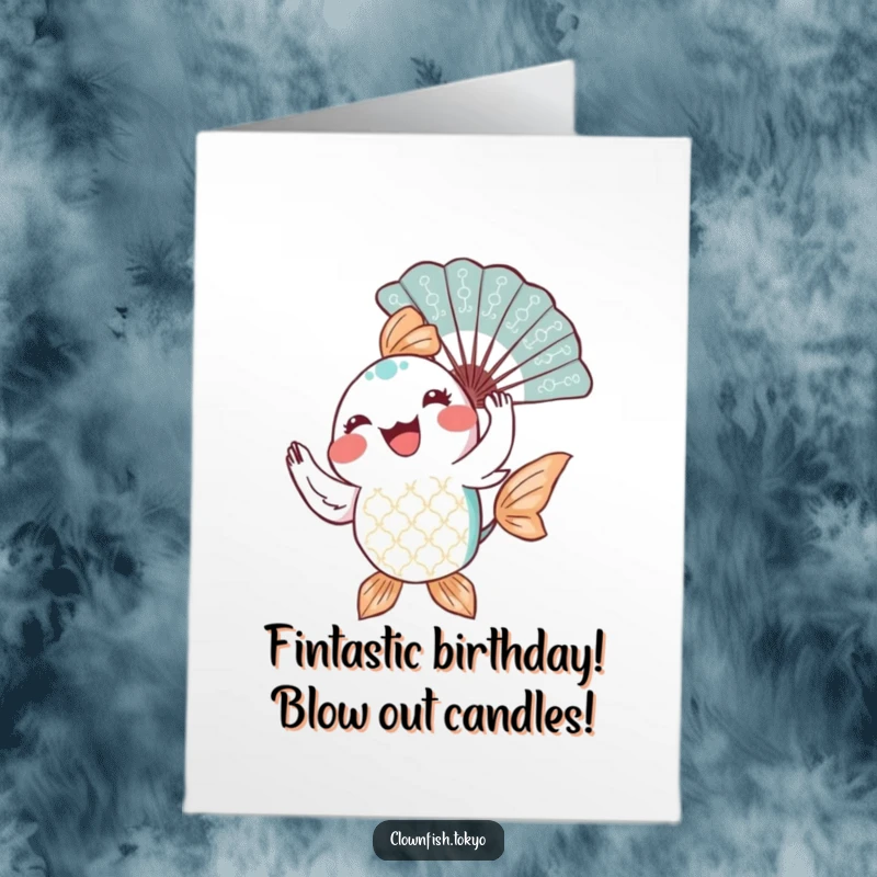 Funny Free Printable Birthday Card: Joyful patterned fish twirling a decorative fan with a happy expression.
