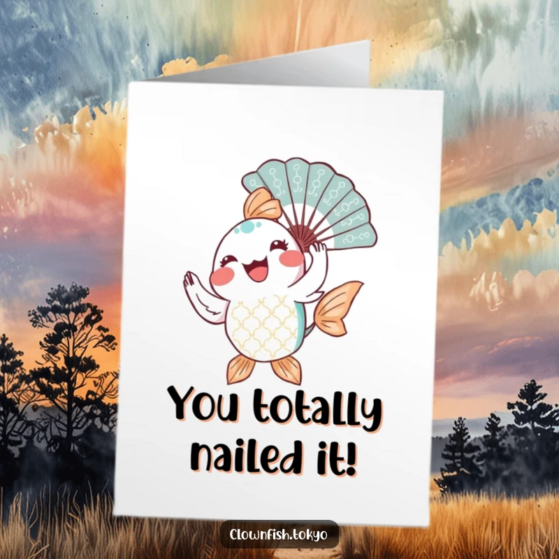 Funny Free Printable Congratulations Card: Patterned fish gracefully twirling a decorative fan, celebrating a big win.
