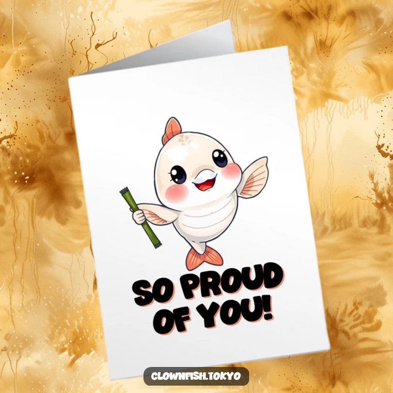 Funny Free Printable Congratulations Card: Shimmering fish cheerfully waving a bamboo rod in celebration of a victory.