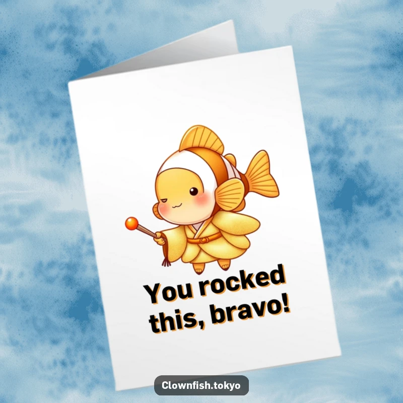 Funny Free Printable Congrats Card: Clownfish in golden kimono holding a drumstick, celebrating a big win.