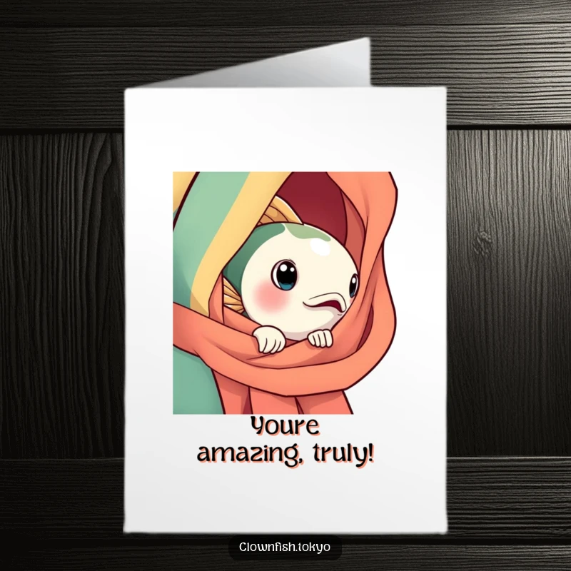 Funny Free Printable Congratulations Card: Bright fish curiously peeking from a patterned silk obi, sharing good news.