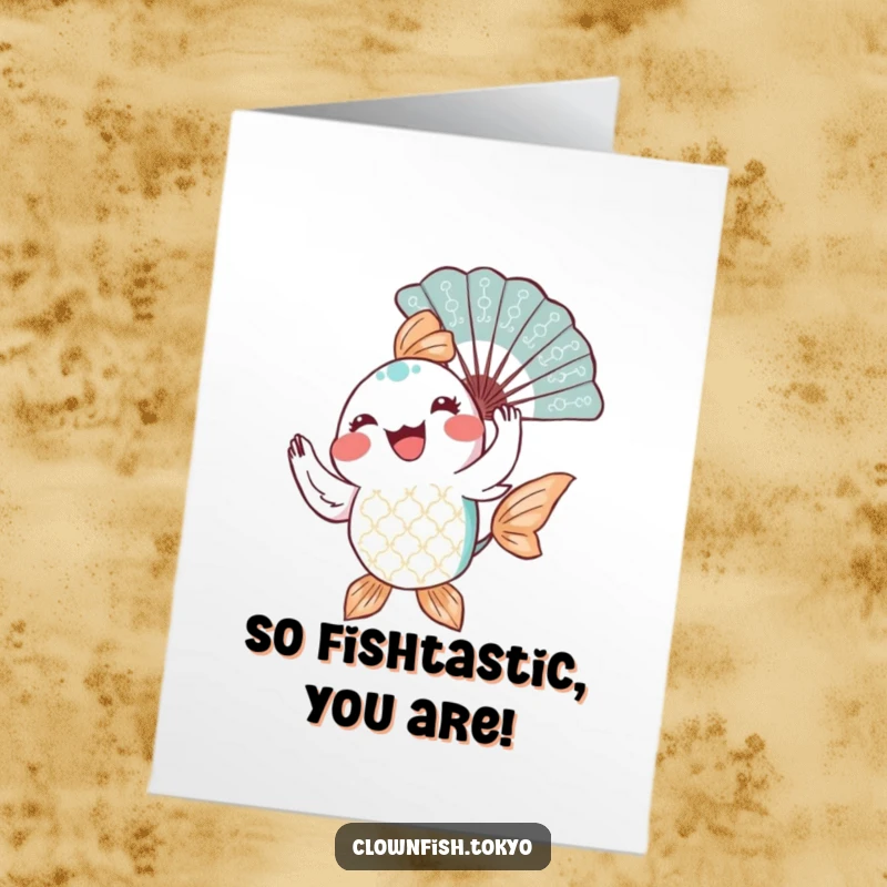 Funny Free Printable Thank You Card: Joyful patterned fish twirling a decorative fan, conveying heartfelt thanks.