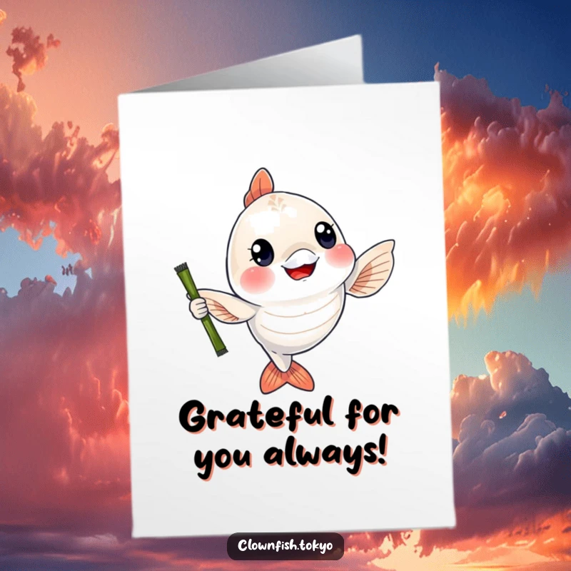 Funny Free Printable Thank You Card: Cheerful shimmering fish waving a bamboo rod, expressing sincere thanks.