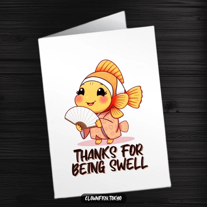 Funny Free Printable thank you card featuring a smiling clownfish in a patterned kimono, holding a delicate paper fan.