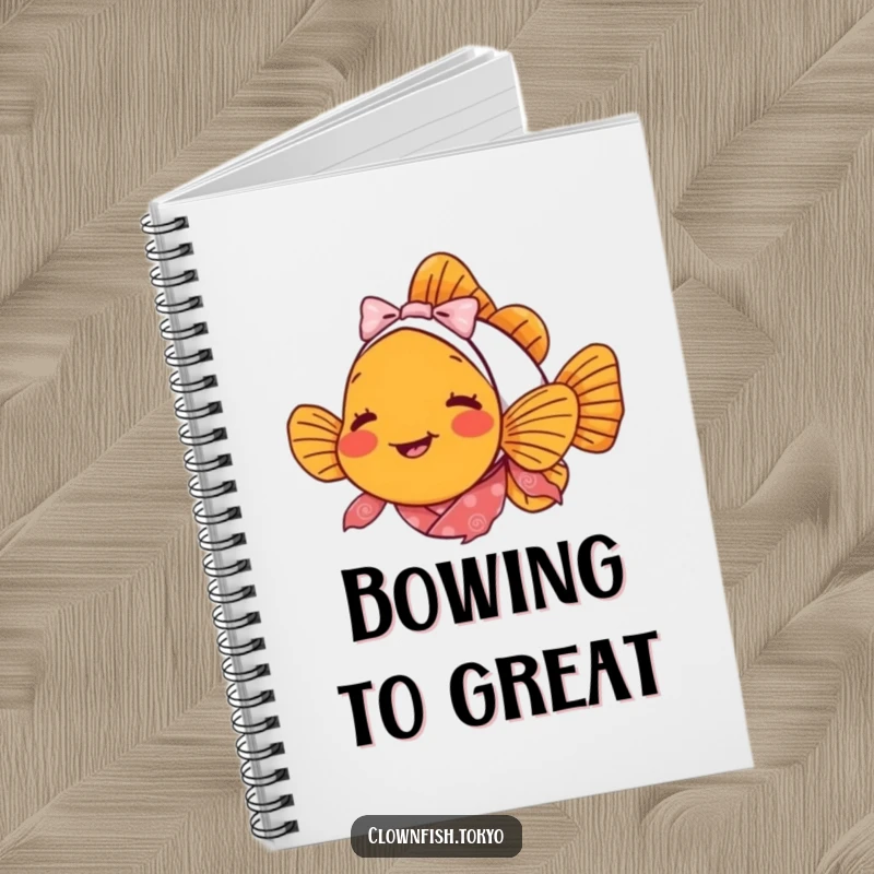 Funny clownfish notebook, a delighted fish in a patterned kimono bowing, perfect for journaling.