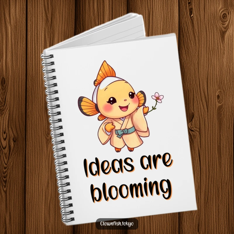 Funny clownfish notebook, jolly fish in a patterned silk kimono offering a tiny, stylized blossom.