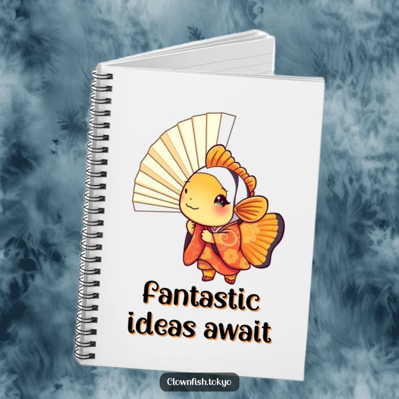 Funny clownfish notebook, playful fish in kimono peeking from a fan, ideal for notes and journaling.