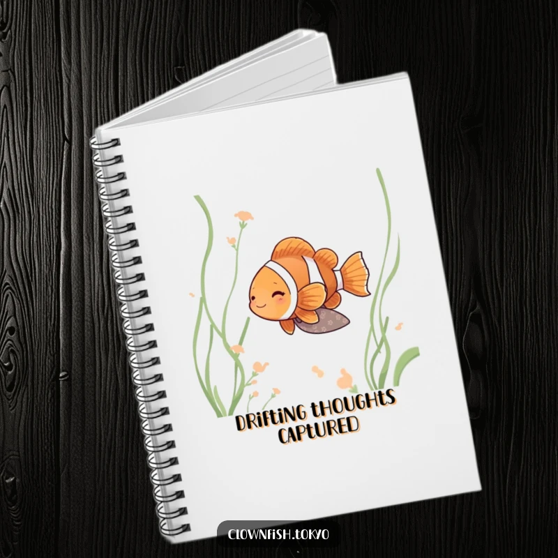 Funny clownfish notebook, serene fish in muted kimono drifting peacefully, ideal for journaling.