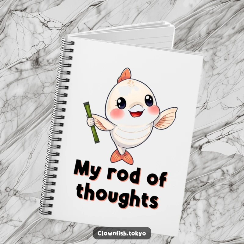 Funny Notebook: A cheerful, shimmering fish character waving a bamboo fishing rod, ideal for journaling fishing trips and great ideas.