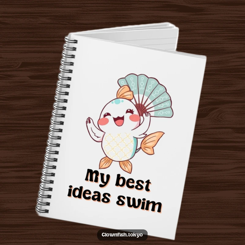 Funny Notebook: A joyful, patterned fish character gracefully twirling a decorative fan, perfect for capturing notes and ideas.