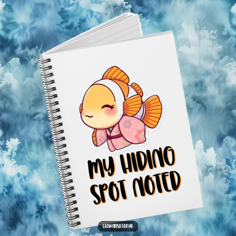Funny Clownfish Notebook with a floral kimono character peeking out, perfect for notes and journaling, ideal funny gift.