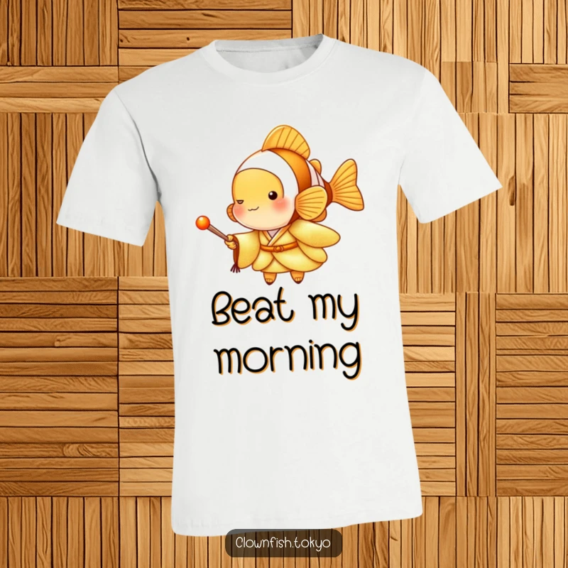 Funny Clownfish T-Shirt featuring a character in a golden kimono holding a tiny drumstick, musical and humorous, great funny gift.
