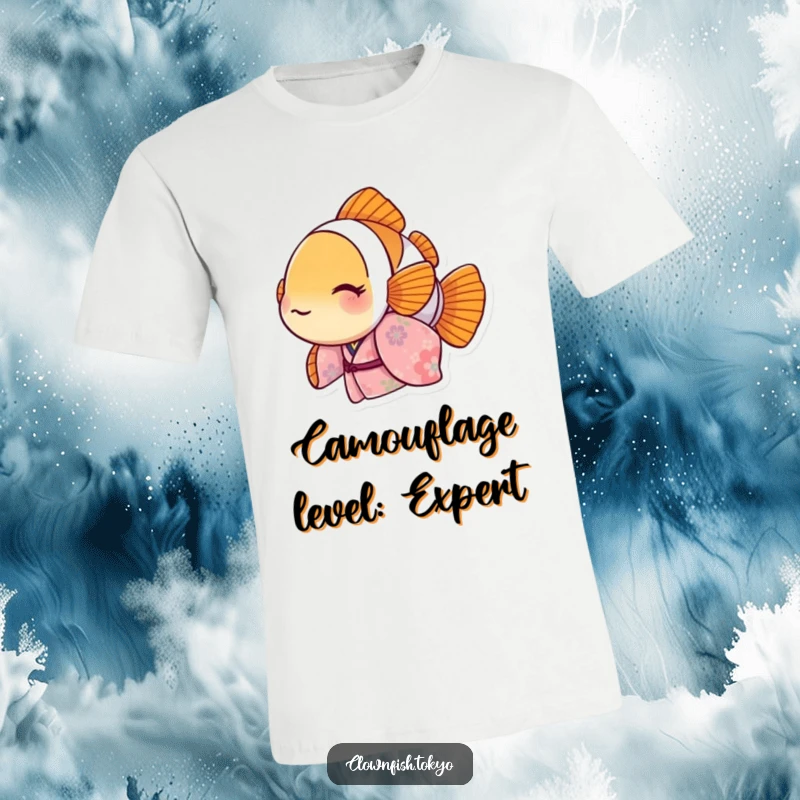Funny Clownfish T-Shirt featuring a playful character in a floral kimono peeking out, great funny gift.