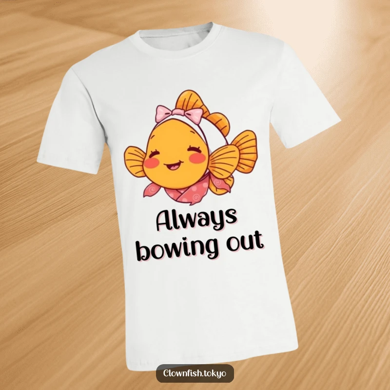 Funny clownfish t-shirt, a delighted fish in a patterned kimono bowing with a tiny, sweet smile.