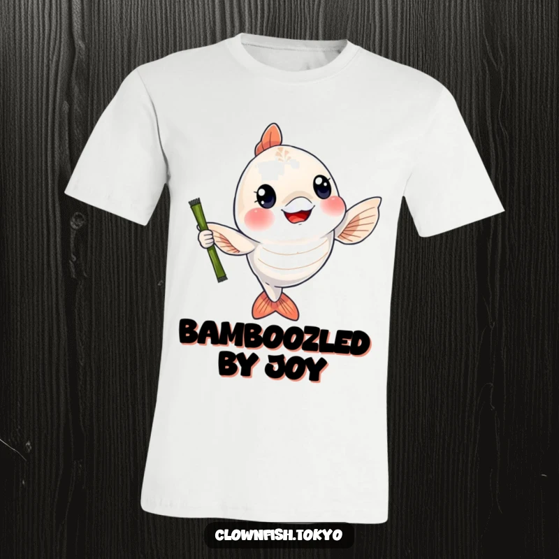 Funny T-Shirt: A cheerful, shimmering fish character waving a bamboo fishing rod, celebrating the joy of angling.