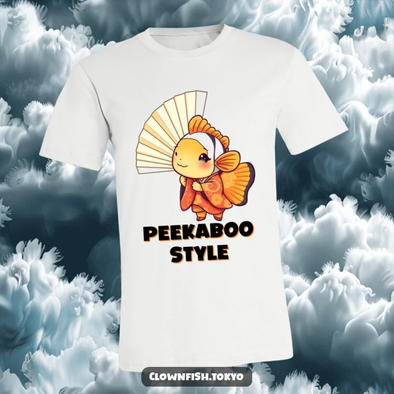 Funny clownfish t-shirt, mischievous fish in kimono peeking from a fan, vibrant and playful graphic.