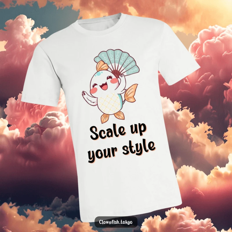 Funny T-Shirt: A joyful, patterned fish character elegantly twirling a decorative fan, celebrating movement and artistic expression.