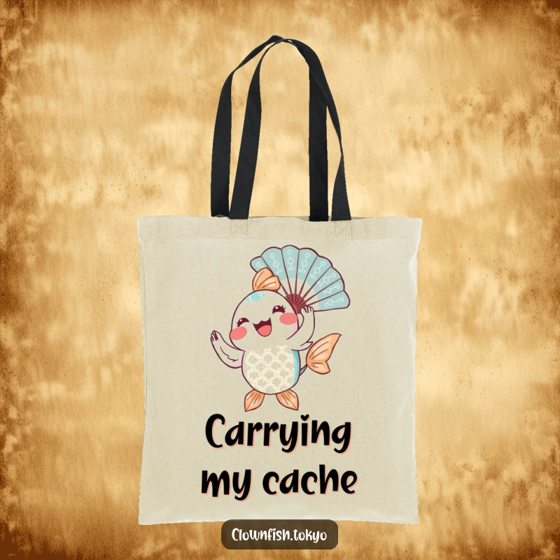 Funny Tote Bag: A joyful, patterned fish character gracefully twirling a decorative fan, ideal for carrying essentials with flair.