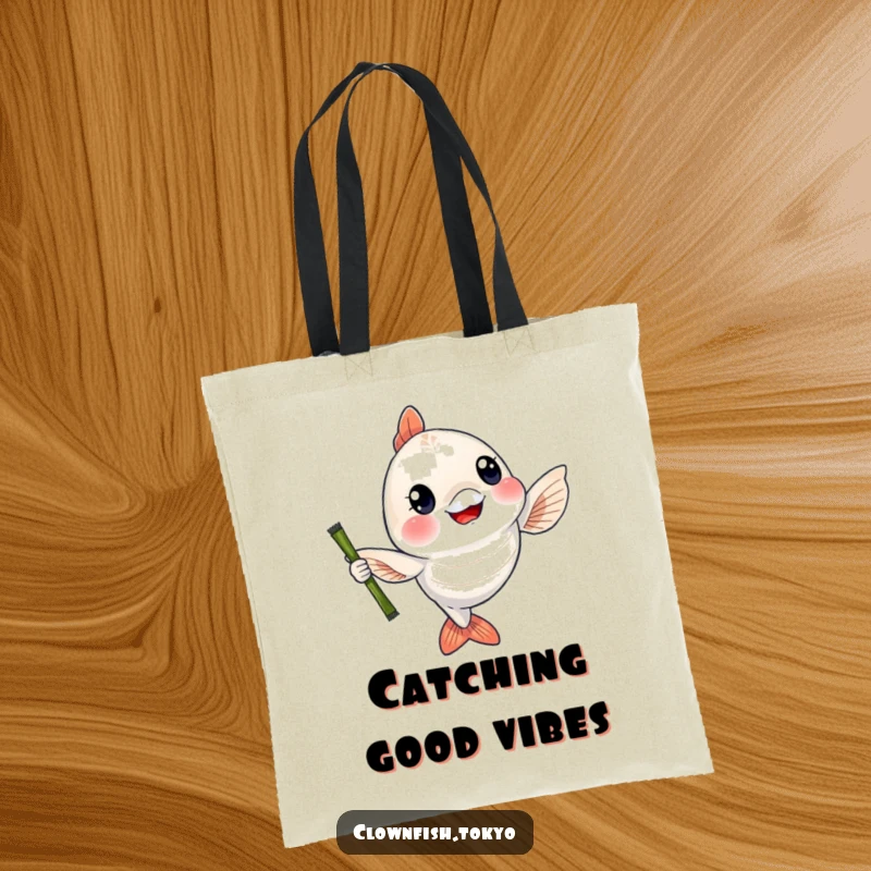 Funny Tote Bag: A cheerful, shimmering fish character waving a bamboo fishing rod, ideal for carrying essentials with fishing flair.