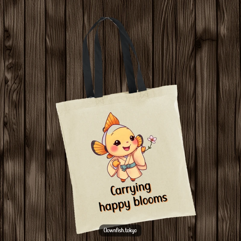Funny clownfish tote bag, a jolly fish in a patterned silk kimono offering a tiny, stylized blossom.