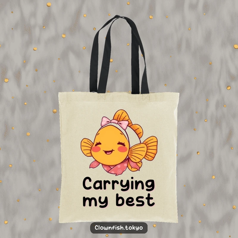 Funny clownfish tote bag, a delighted fish in a patterned kimono bowing politely and charmingly.