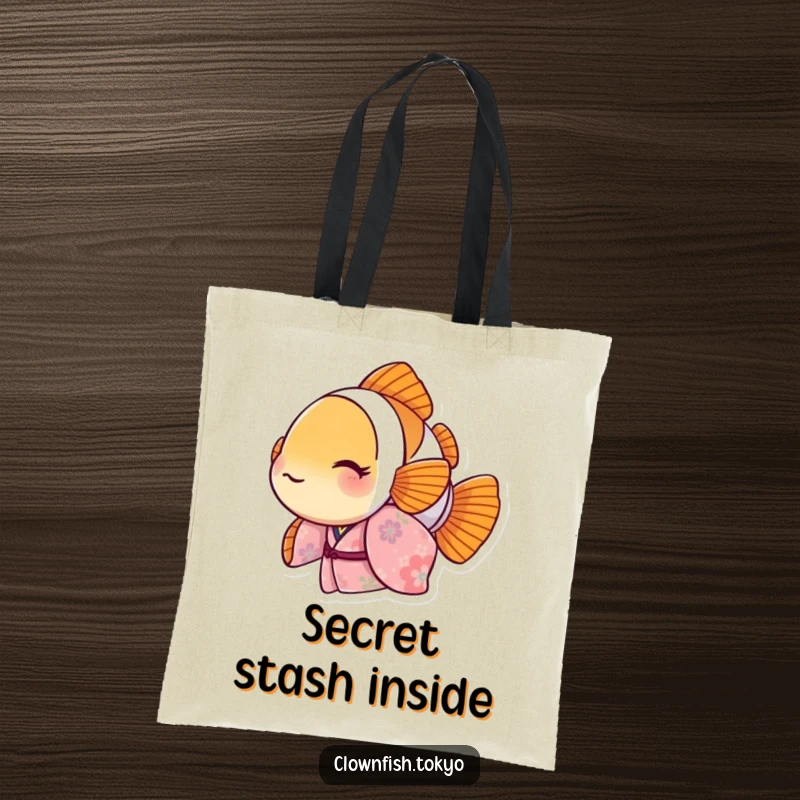 Funny Clownfish Tote Bag showcasing a floral kimono character peeking out, stylish and humorous accessory, excellent funny gift.