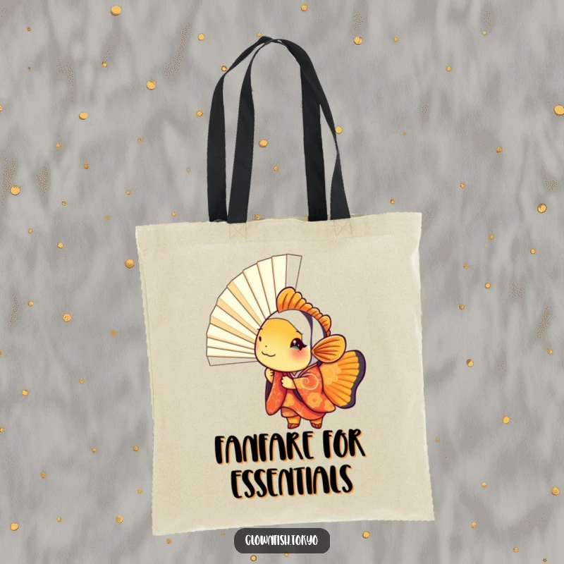Funny clownfish tote bag, vibrant fish in kimono peeking from a fan, practical and humorous accessory.
